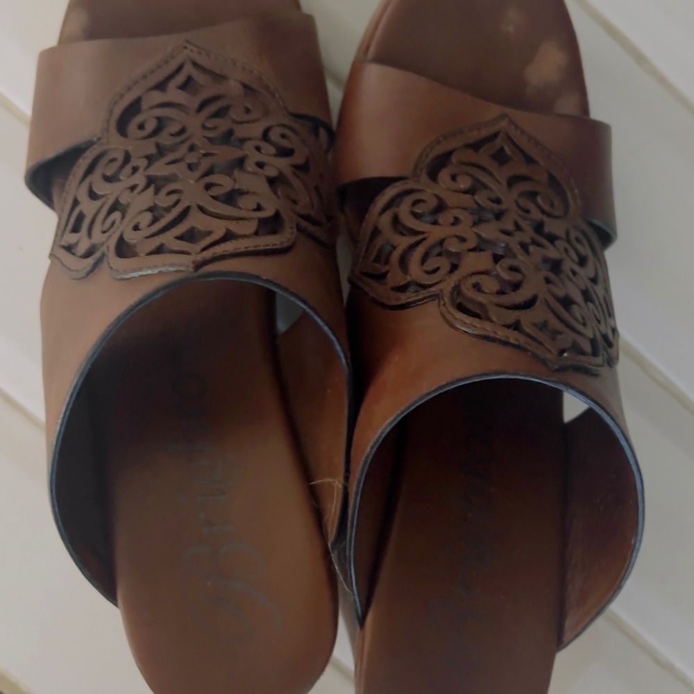 Brighton Brown Leather Mules with Intricate Design